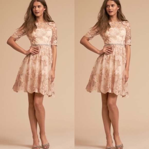 NWT Adrianna Papell x BHLDN Nadine Illusion Embroidered Lace Dress in Blush Gold - Picture 1 of 9